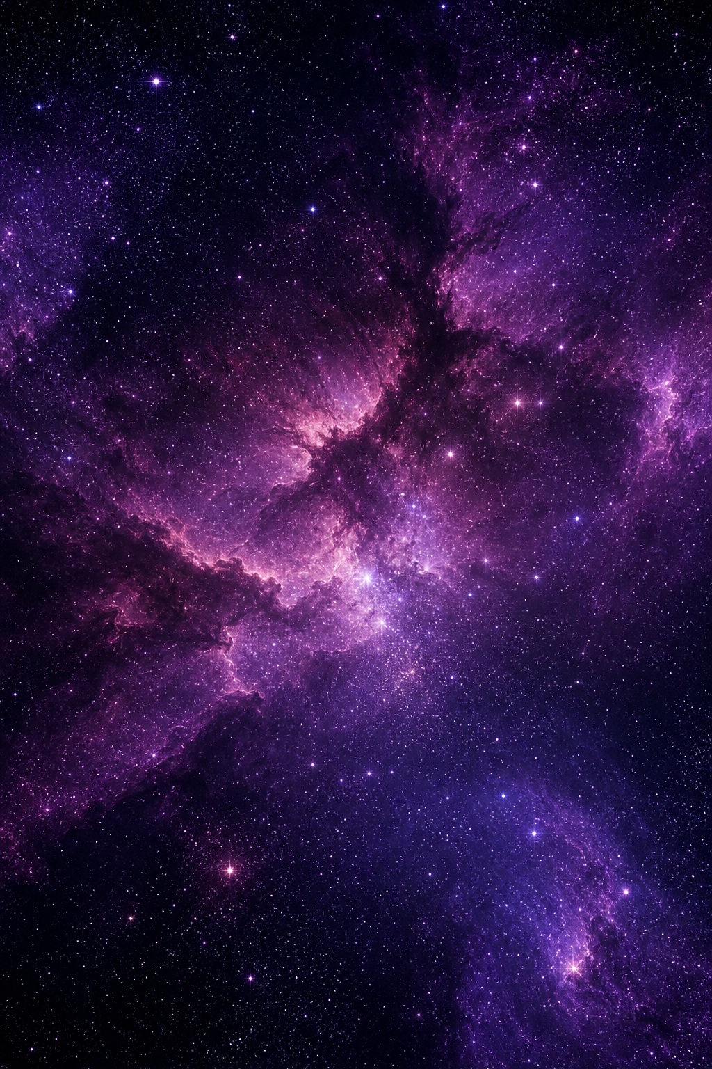 Purple and blue star field with glowing cosmic dust and scattered stars