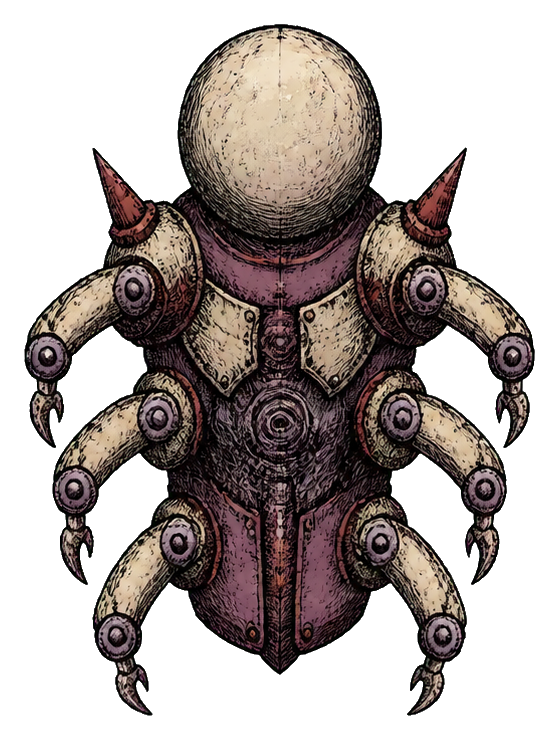 A masked clockwork monster with multiple mechanical arms and a round pale head