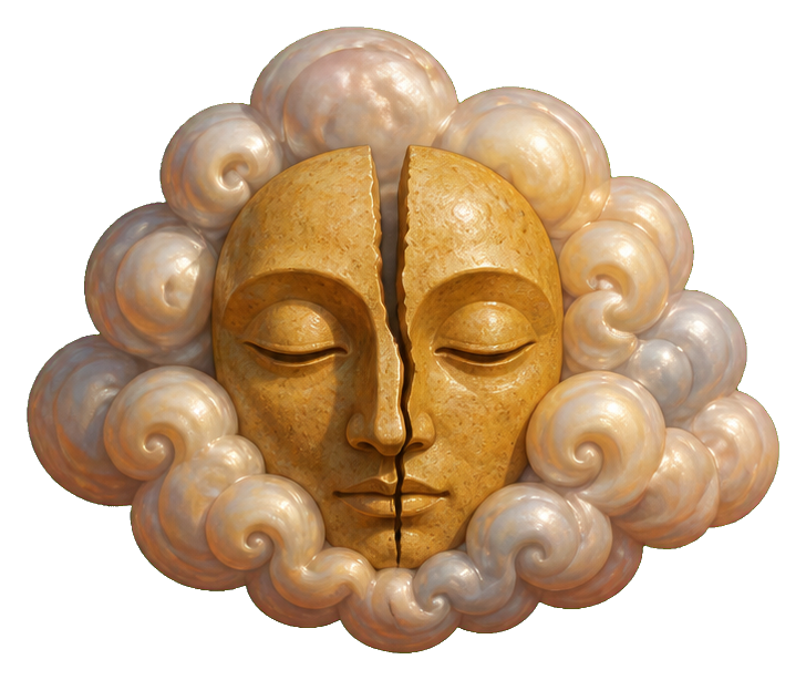 Golden stone mask surrounded by curled cloud shapes in a surreal circular design