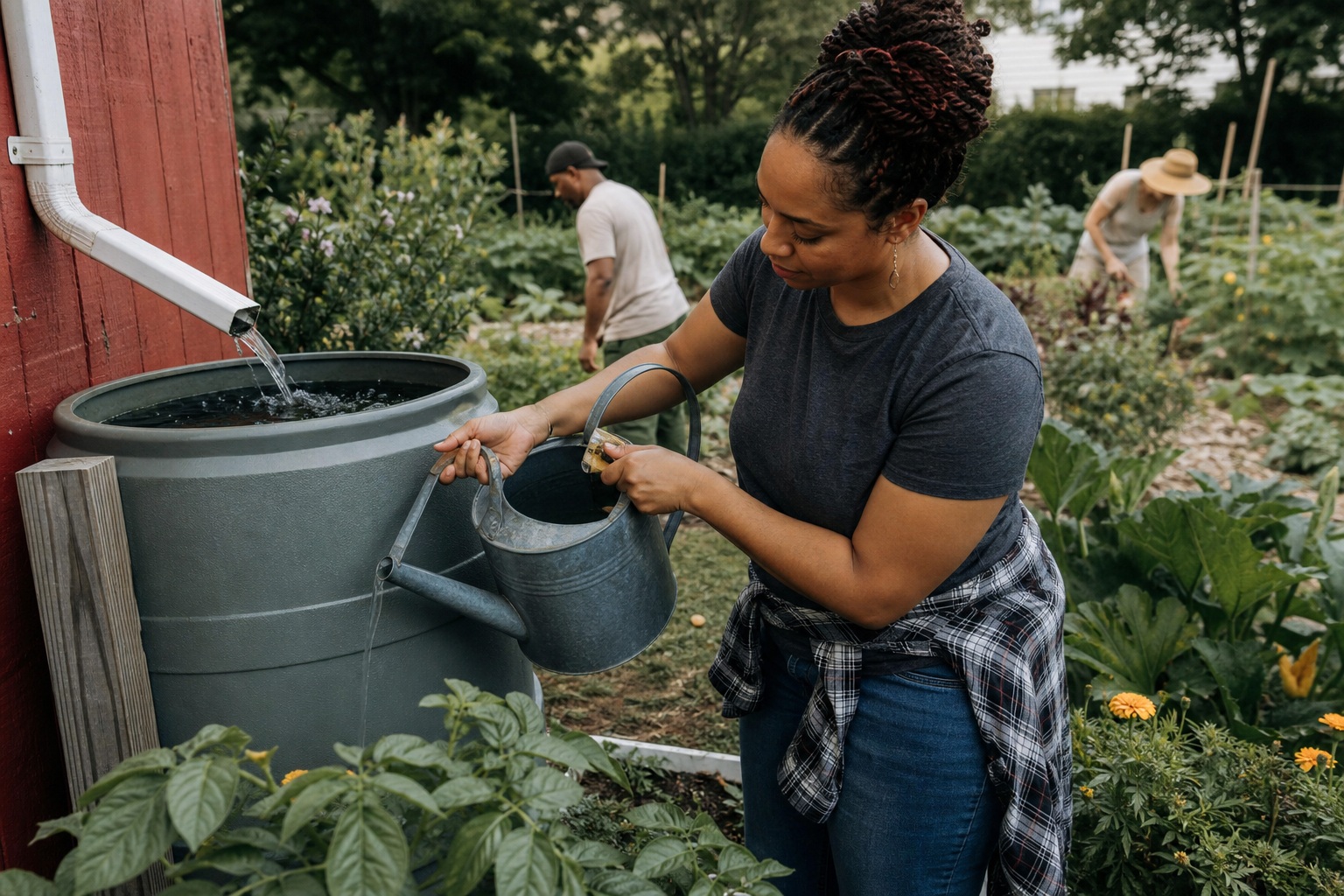 Woman filling a watering can from a rain barrel in a community garden.