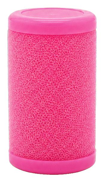 Bright pink hair roller with a textured center and smooth rounded ends