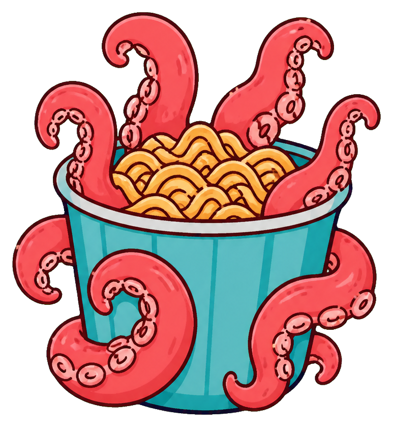 Blue noodle cup with pink tentacles curling around it