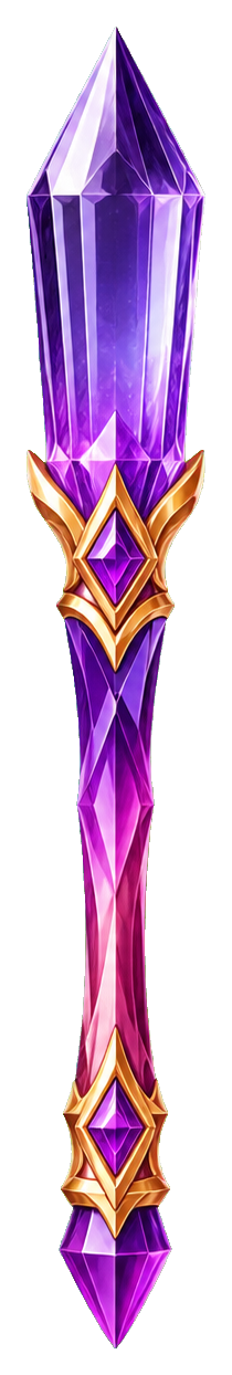 A purple crystal wand with gold gemstone details and a pointed faceted tip.
