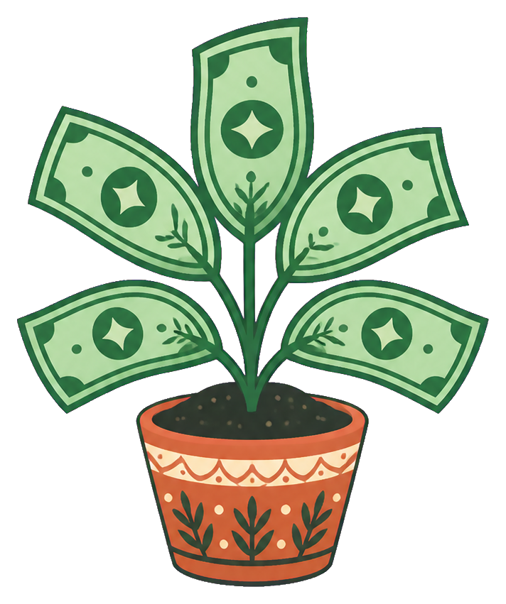 A potted plant with green dollar bill leaves growing upward.