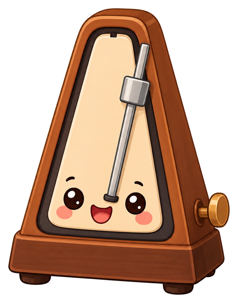 Cute brown metronome with a smiling face and silver pendulum