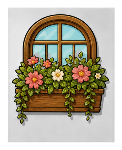 Illustrated wooden window planter filled with green vines and pink flowers.