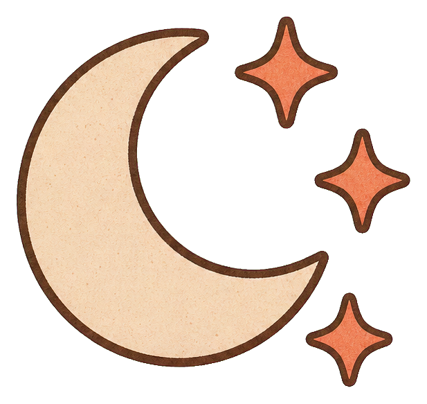 Cream crescent moon with three coral stars on a transparent background