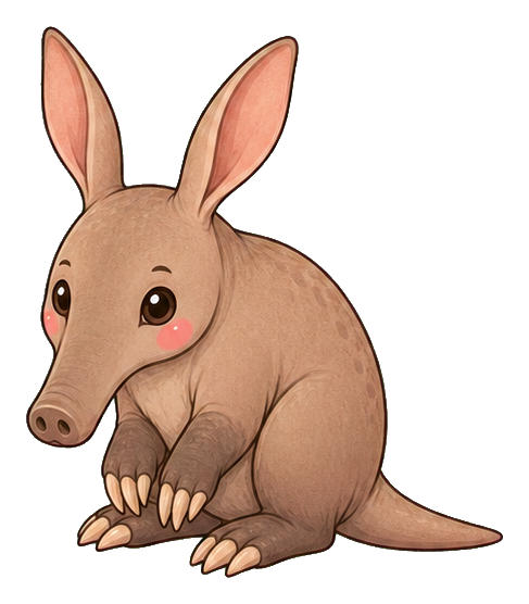 Cute brown aardvark sitting with big ears, a long snout, and pink cheeks.