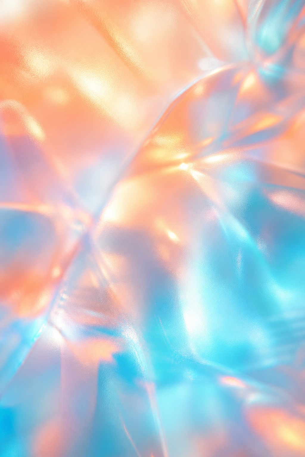 Abstract peach and cyan translucent glassmorphism gradient with soft blurred light.