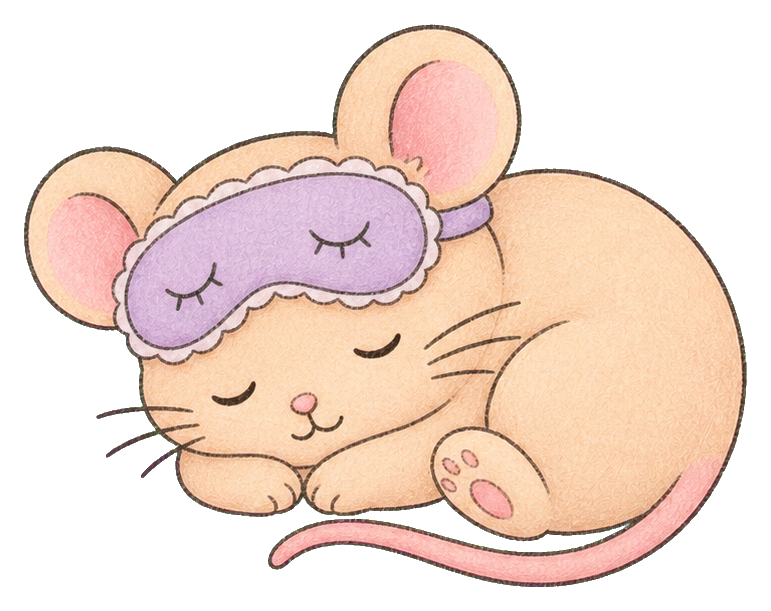 Cute sleeping mouse curled up with a purple sleep mask over its eyes.