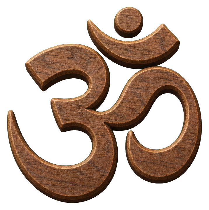 Carved walnut Om symbol in a warm brown wood style on a transparent background