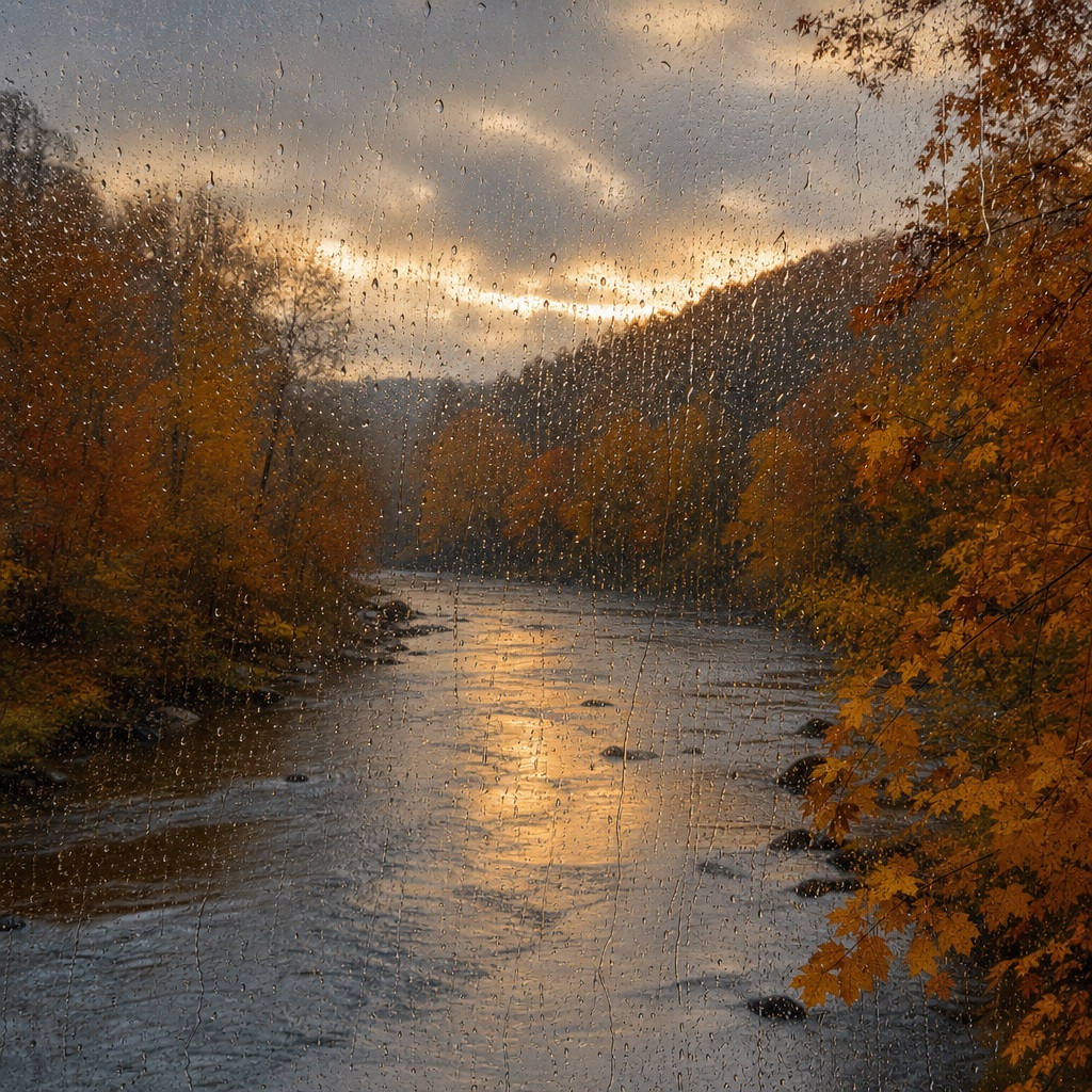 Autumn river landscape seen through a rain-speckled window with misty trees and glowing sunset light.