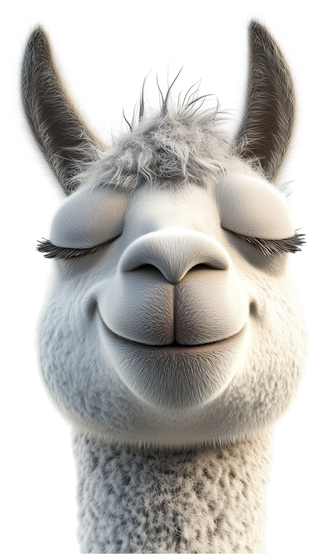 A fluffy white llama face with closed eyes and tall ears, rendered as a cute 3D sticker.