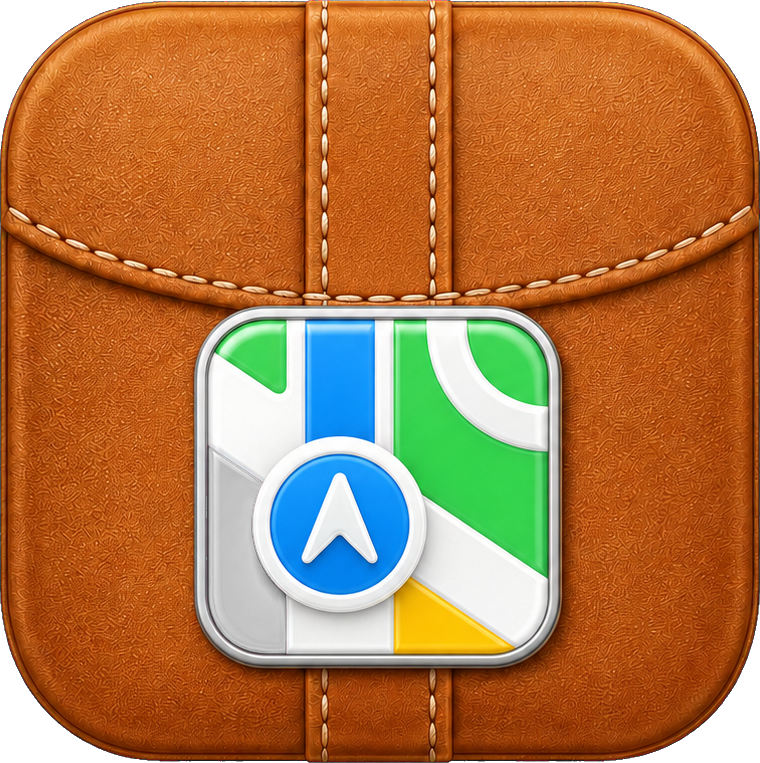 Caramel leather app icon with a maps symbol on the front.