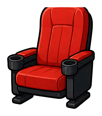 Red theater seat with black armrests and cup holders