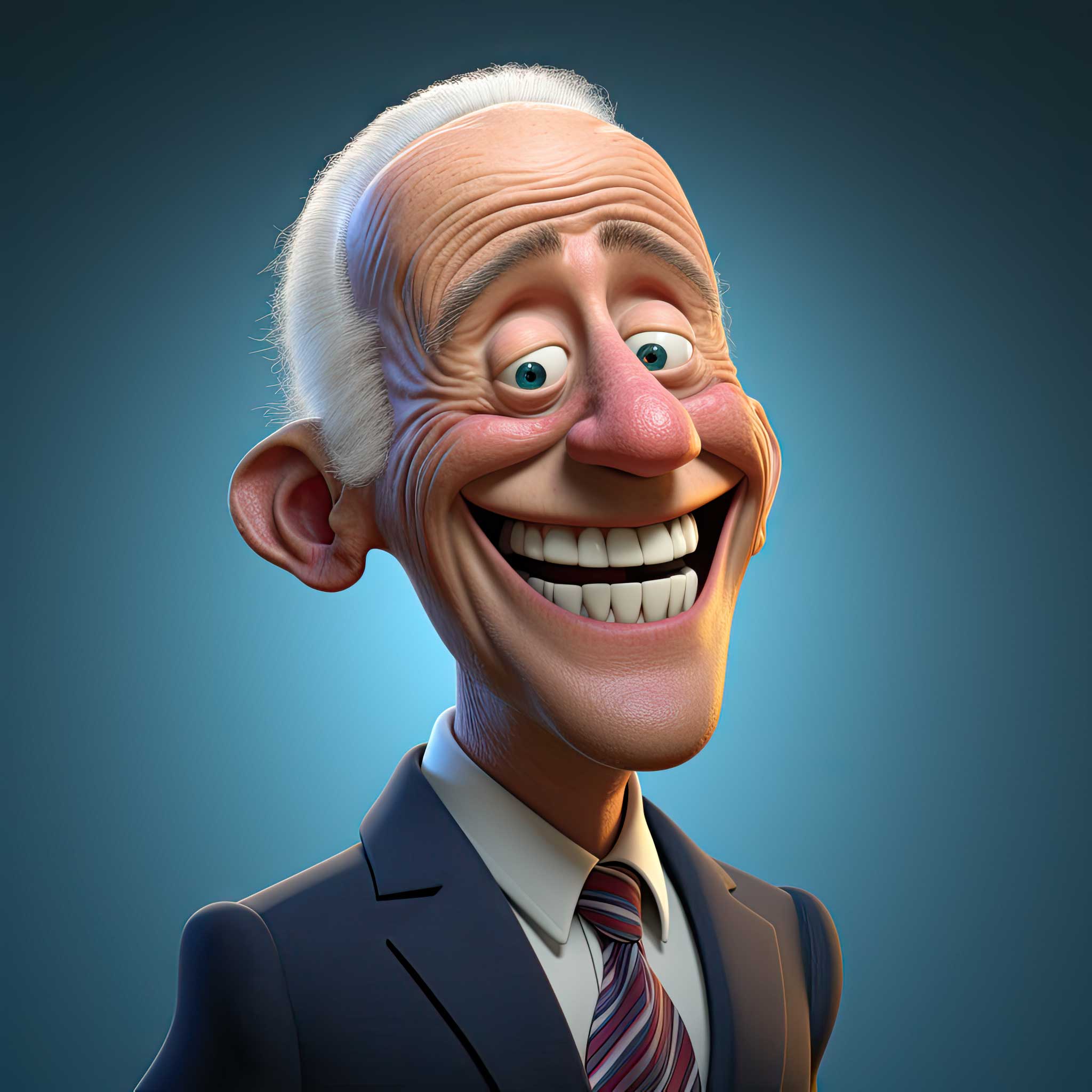 Smiling cartoon businessman in a suit with an exaggerated grin on a blue background.
