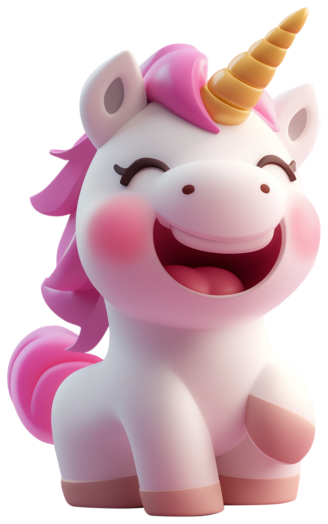 Smiling pink cartoon unicorn sticker with a horn and rosy cheeks
