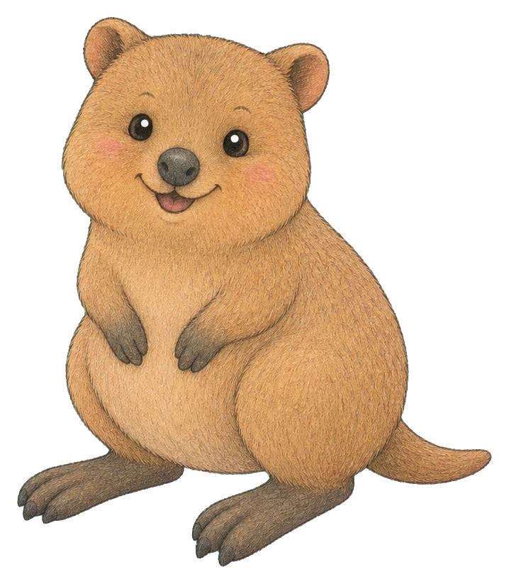 Cute smiling quokka sitting upright with tiny paws and rounded ears.