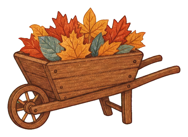 Wooden wheelbarrow filled with colorful autumn leaves in a folk art style.