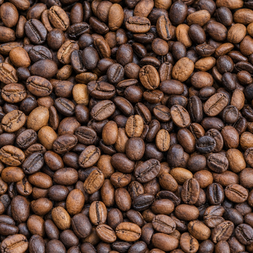 Close-up background of roasted coffee beans in a dense textured pattern