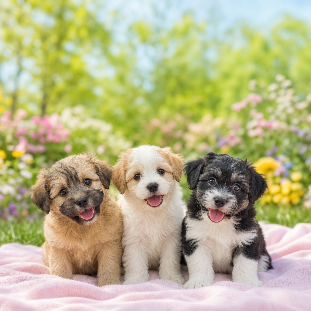 Three playful puppies sitting on a pink blanket in a sunny outdoor setting.
