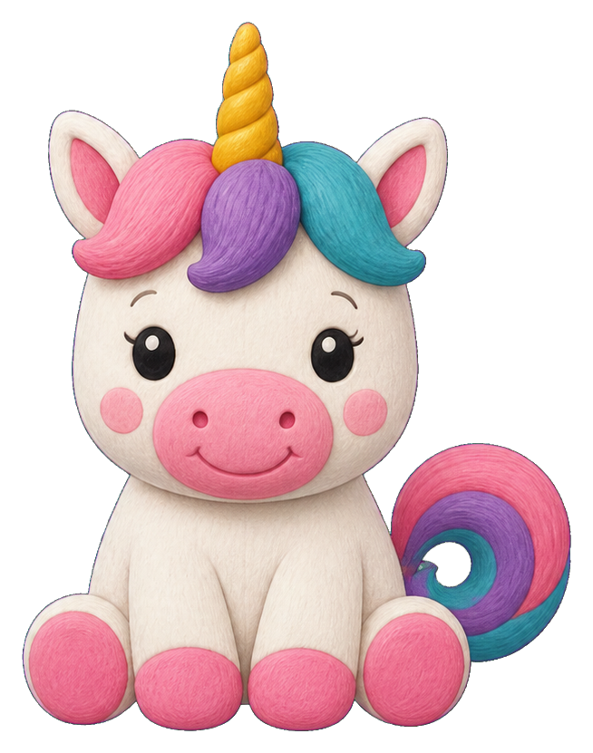A cute plush unicorn with a rainbow mane, horn, and pink hooves.