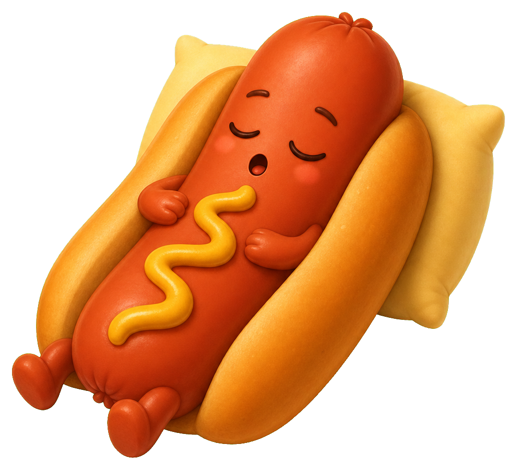 Sleepy hot dog character resting on a pillow with closed eyes