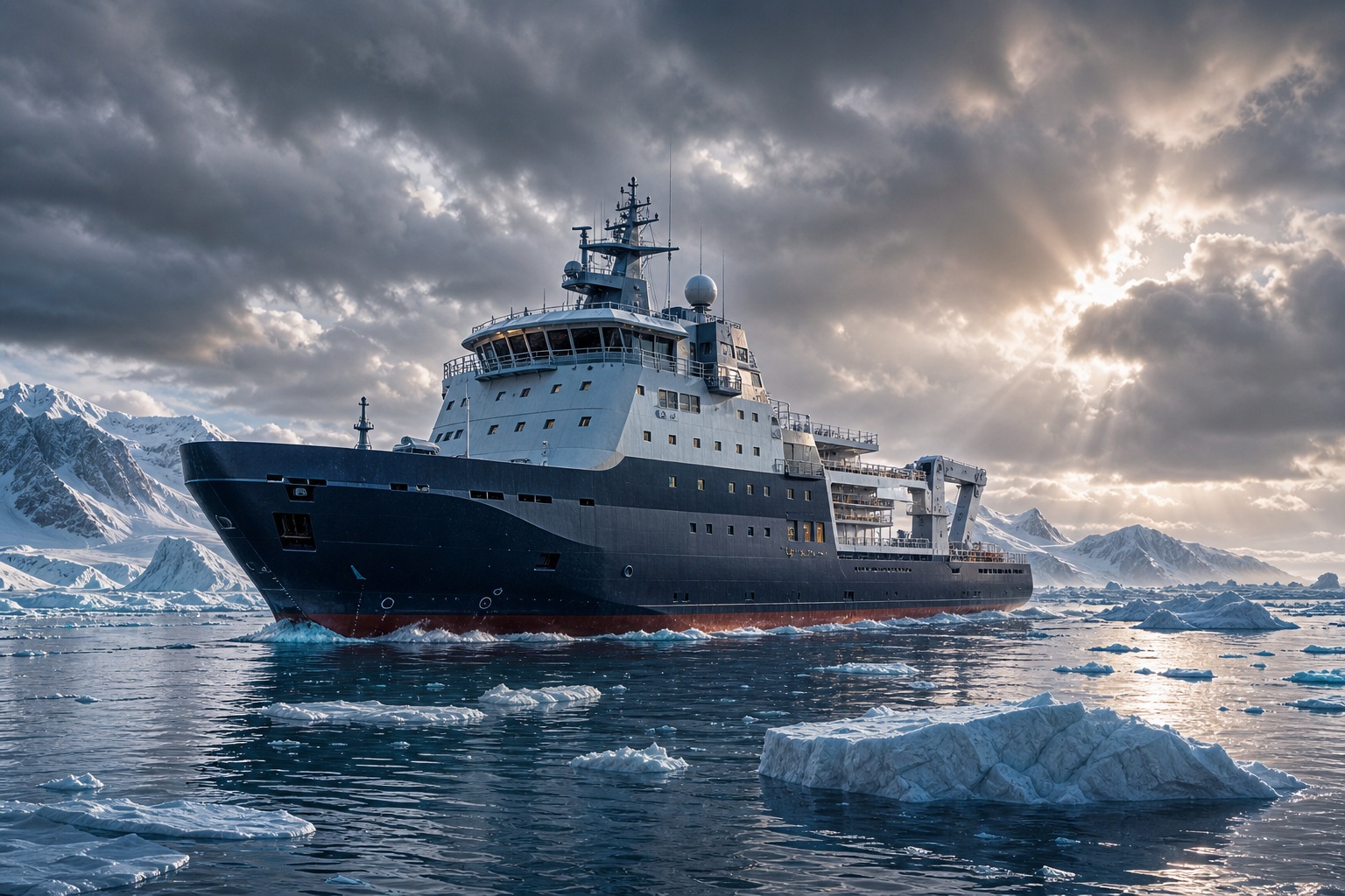 Icebreaker ship sailing through icy water beneath dramatic storm clouds and sunlight