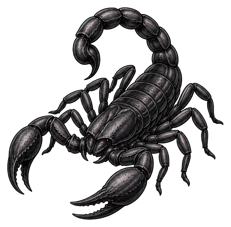 Black scorpion with raised tail and claws in a detailed sticker style