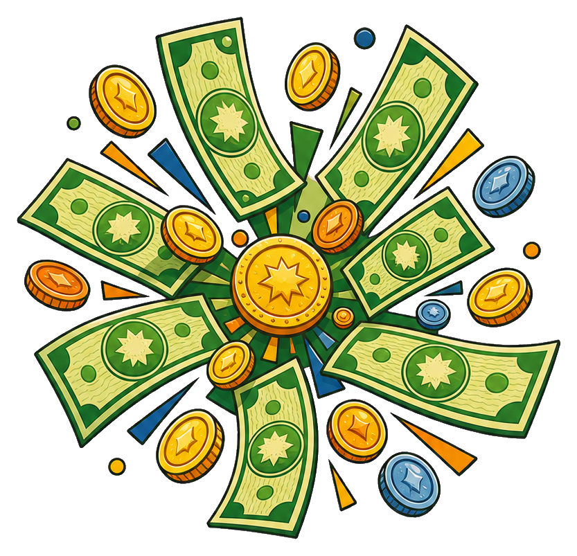 Burst of green cash bills and coins radiating outward on a dark background