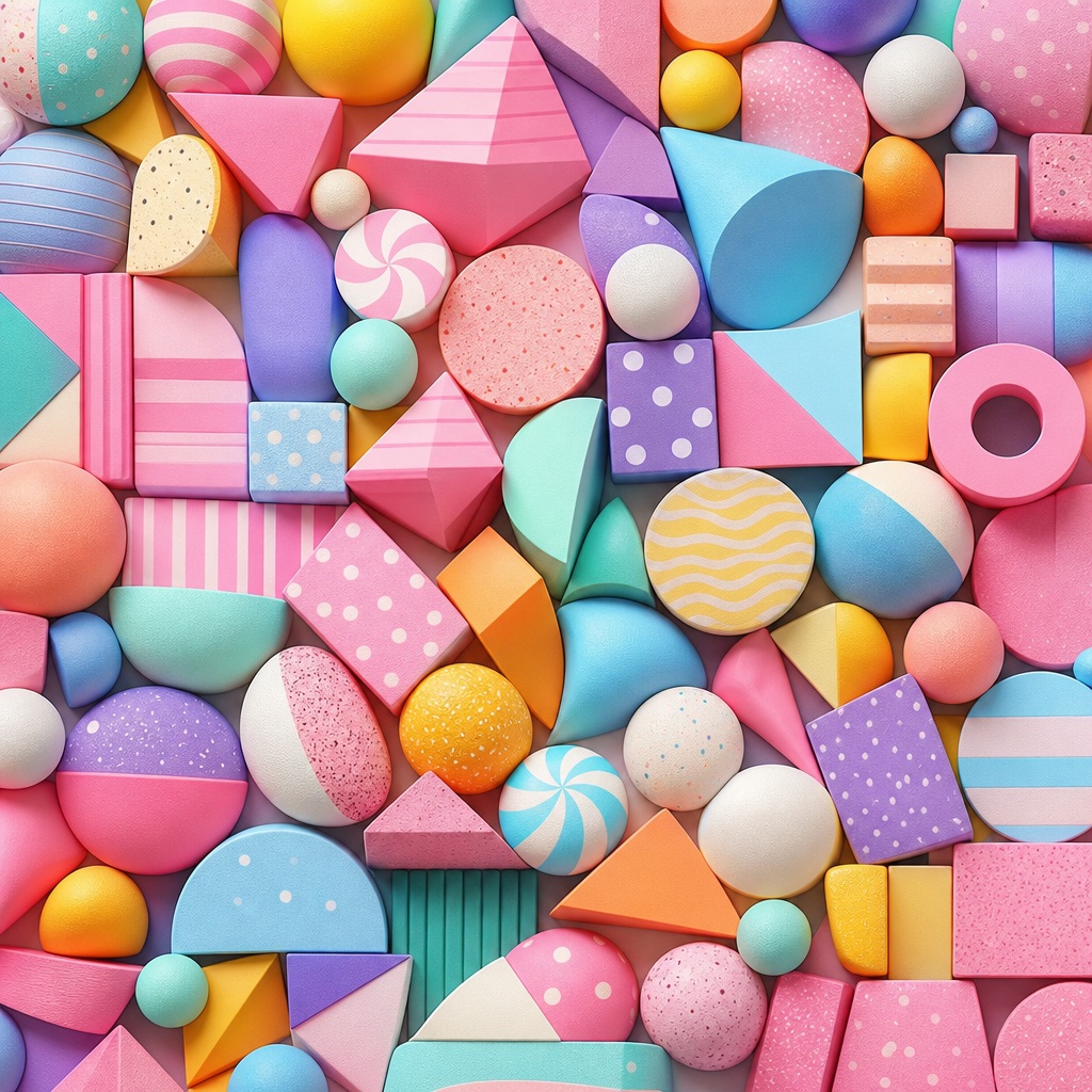 Colorful geometric pattern with candy-like circles, triangles, squares, and dots