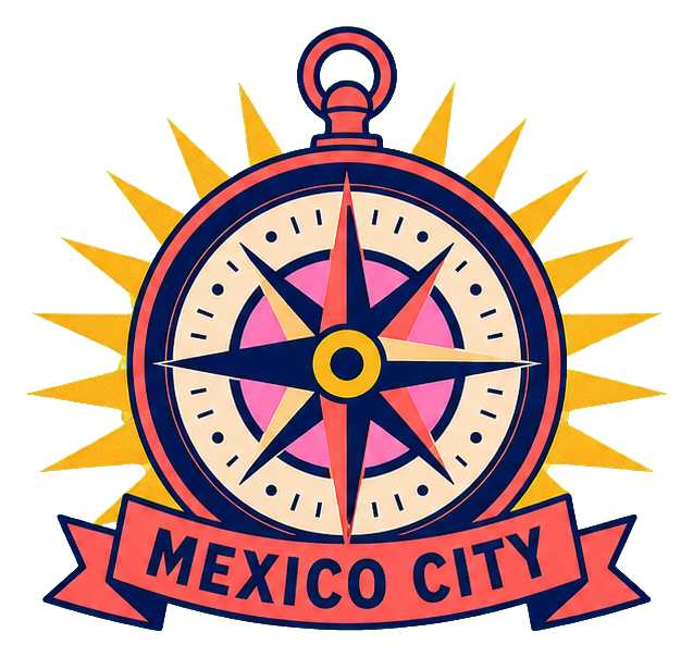 Retro compass sun emblem with Mexico City text on a banner
