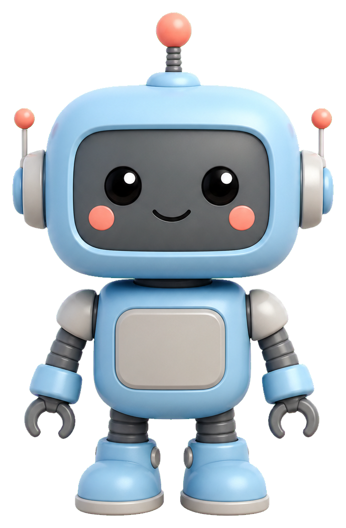 Cute blue cartoon robot with a smiling face, pink cheeks, and antenna lights