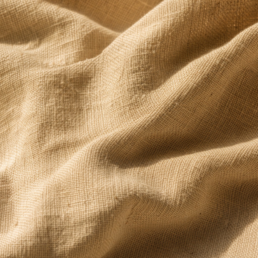 Warm sunlit linen fabric with visible woven texture and soft folds