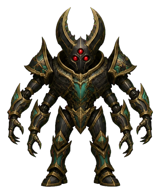 Dark armored robot with glowing red eyes and pointed shoulder armor