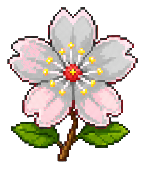 Pixel art pink and white cherry blossom with green leaves and a brown stem