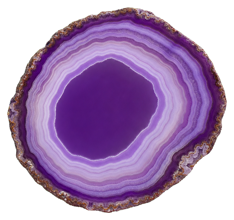 Violet agate slice with layered purple bands and a rough outer edge