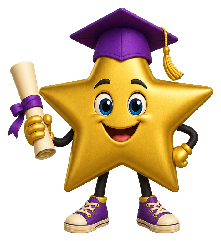 Smiling star character wearing a graduation cap and holding a diploma.