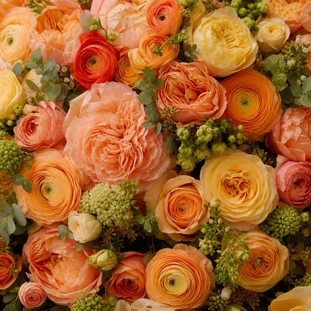 Preview for Sunset Apricot Ranunculus And Rose Background