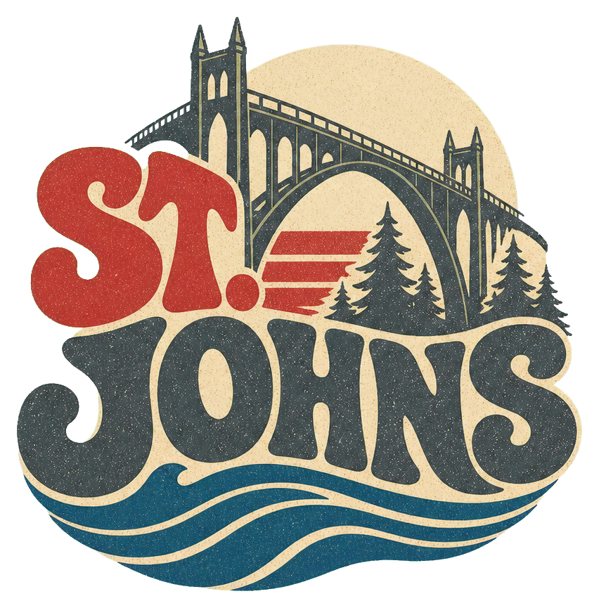 Retro illustrated St. Johns Bridge sticker with trees, waves, and bold text