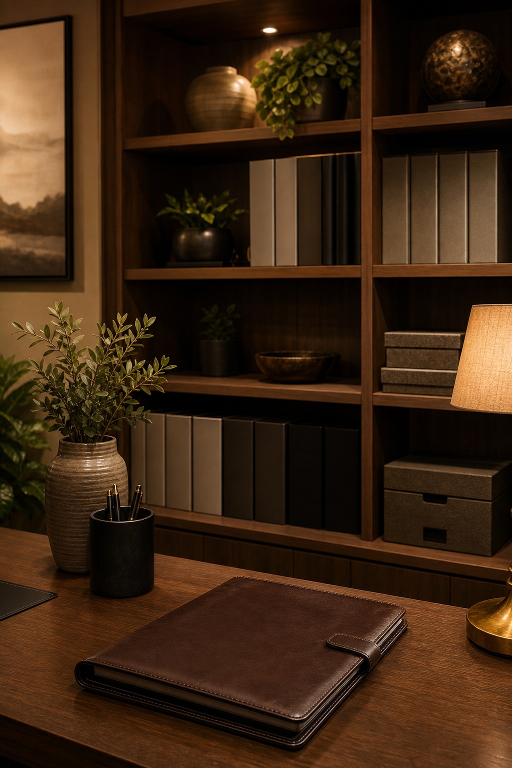 Warm office desk with leather folder, lamp, shelves, books, and small plants