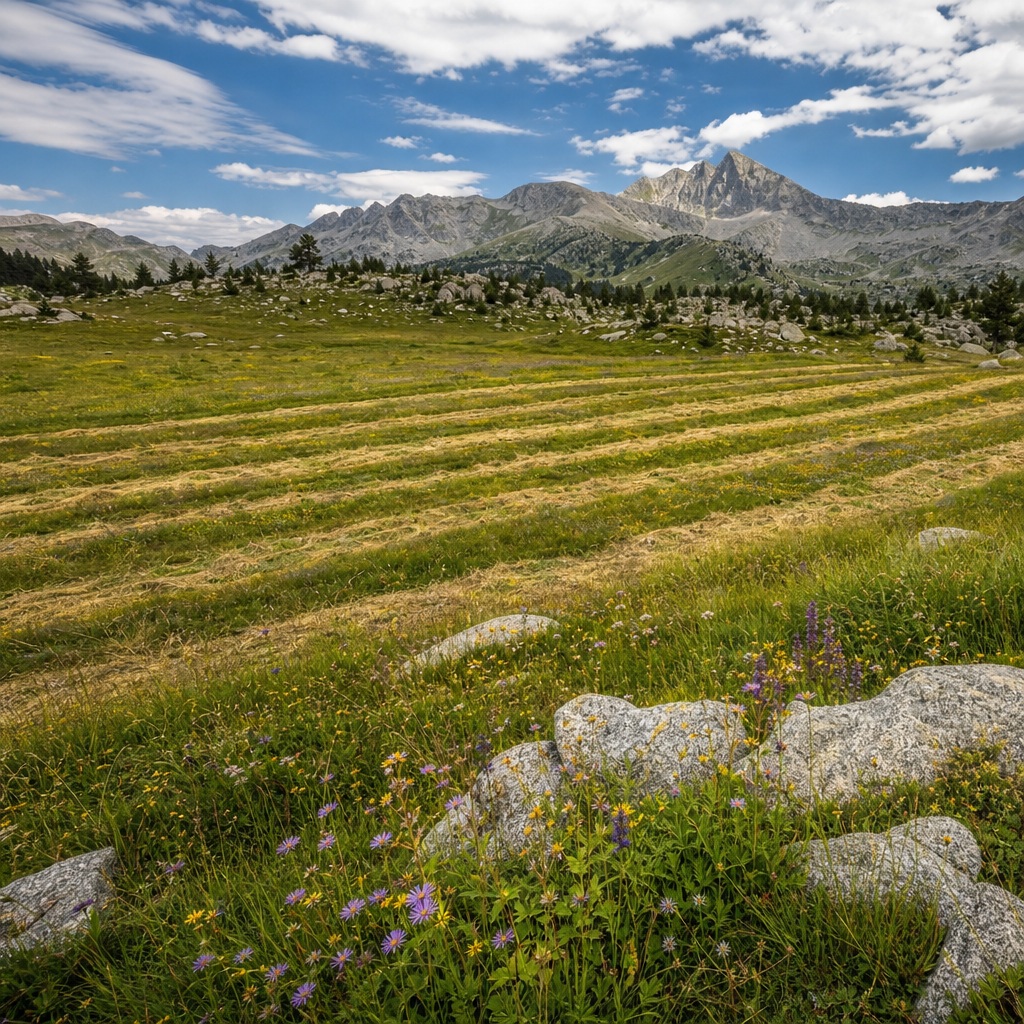 Rolling alpine hay meadow with striped fields, mountains, trees, and cloudy sky.