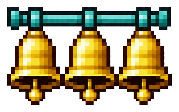 Three gold pixelated bells arranged side by side in a retro sprite style