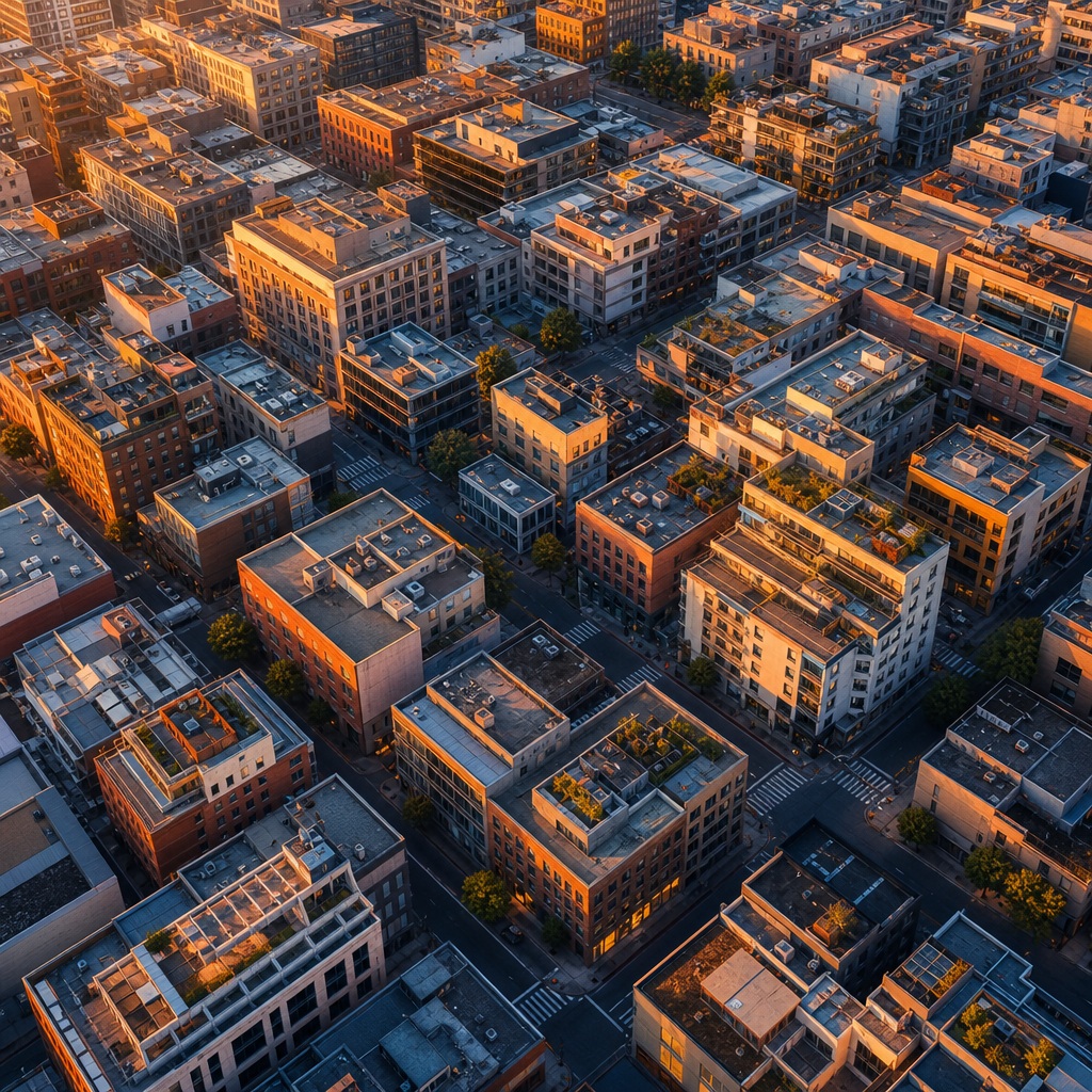 Aerial view of dense city rooftops lit by warm sunset light.