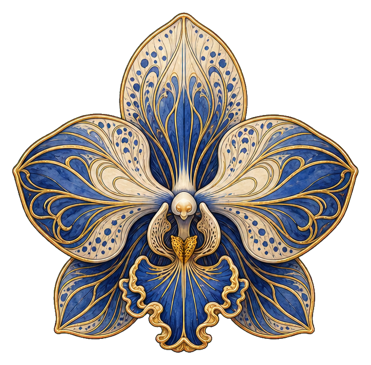 Blue and gold vintage engraved spotted dendrobium orchid flower sticker