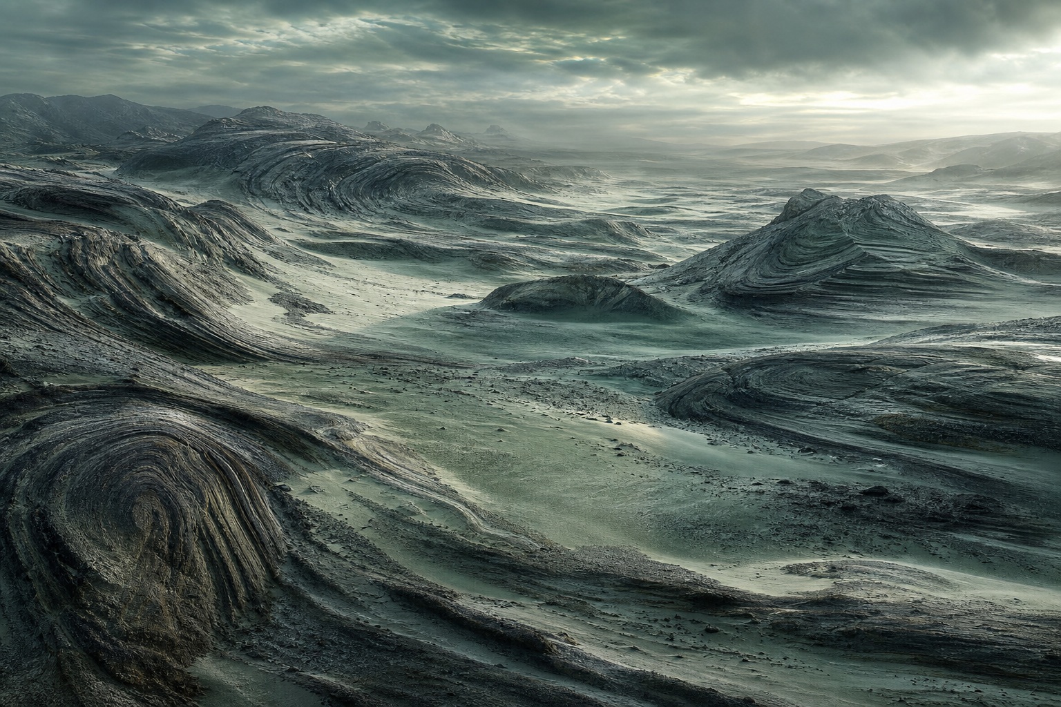 Cinematic desert landscape with layered basalt folds under a greenish twilight sky.