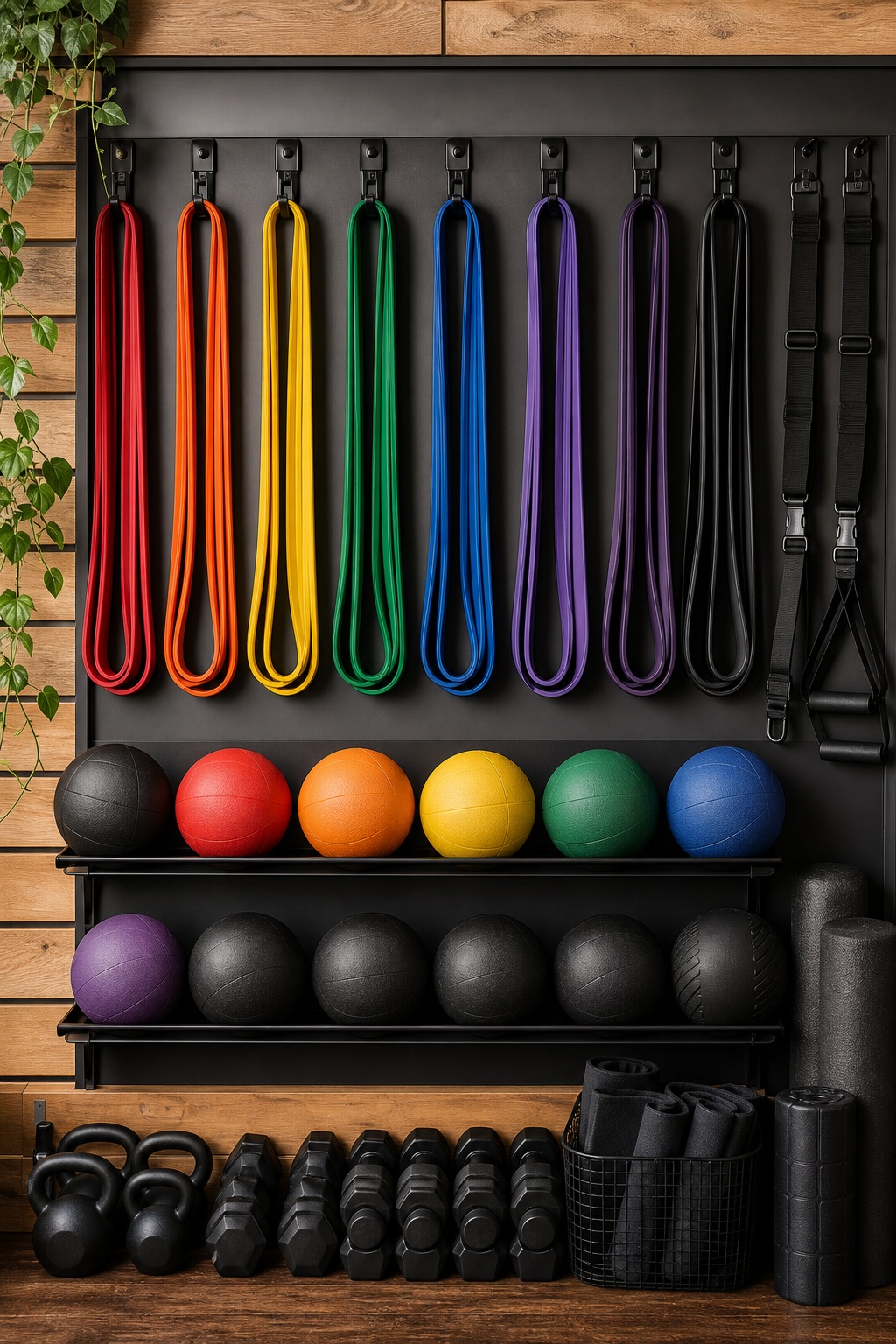 Colorful resistance bands, medicine balls, dumbbells, and kettlebells arranged on a fitness studio wall.