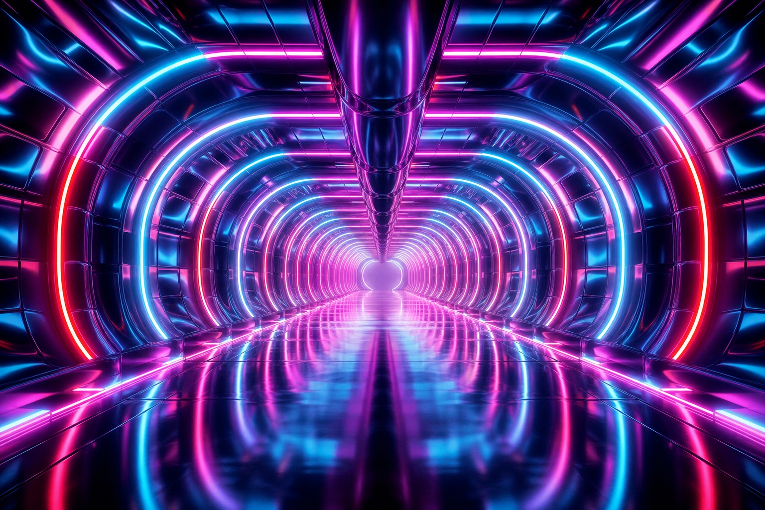 Glowing neon cyberpunk tunnel with chrome rings and a bright futuristic corridor