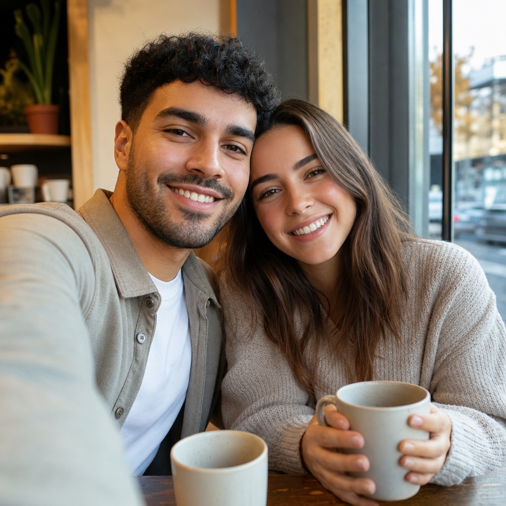 Smiling man and woman posing together in a cozy cafe with coffee cups.