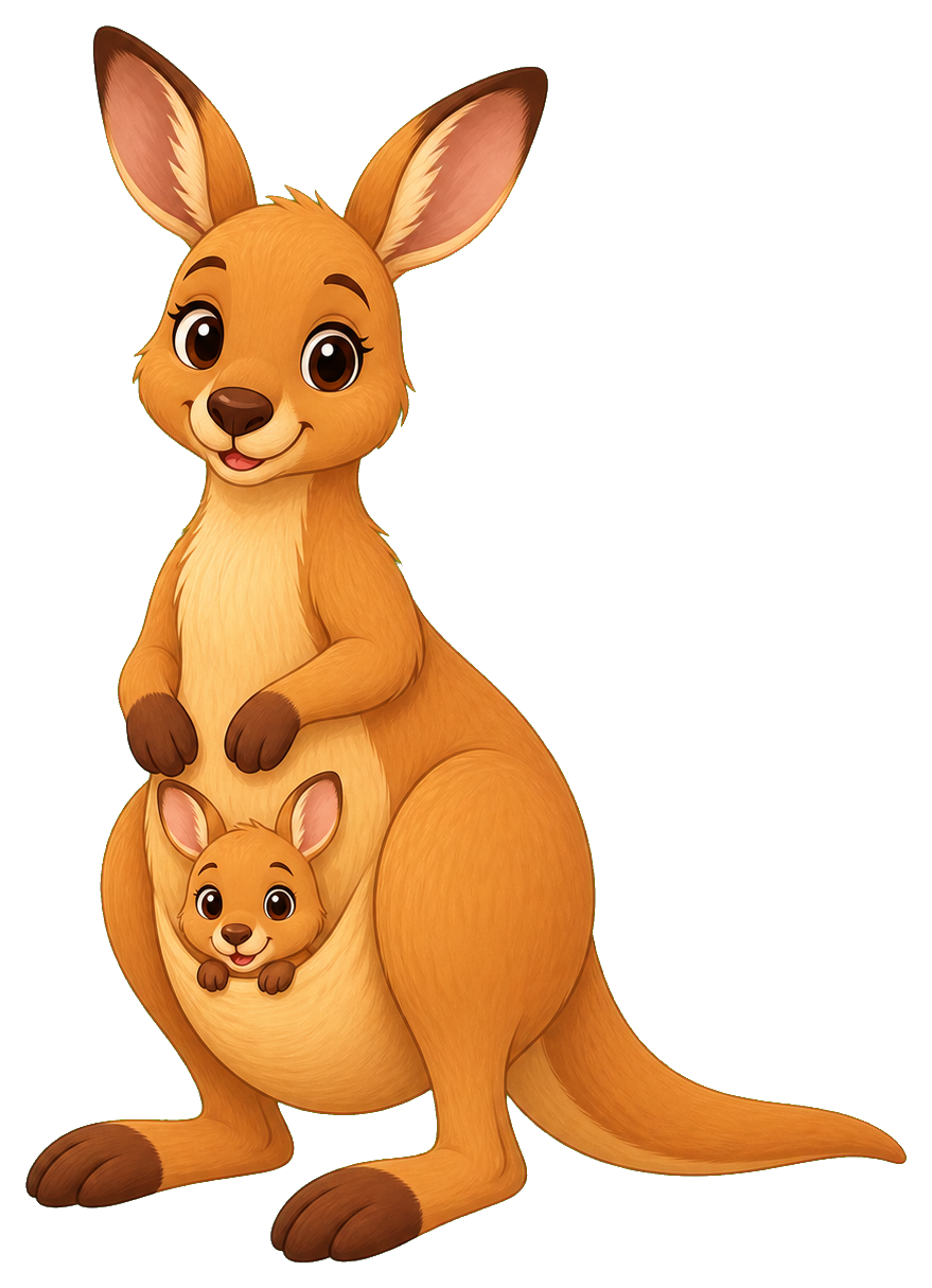Cartoon kangaroo with a joey peeking from its pouch.
